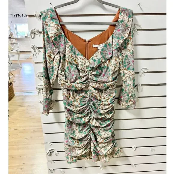 Veronica Beard Lozano Floral 3/4 Sleeve Ruched Mini Dress Green Multi Women's 6